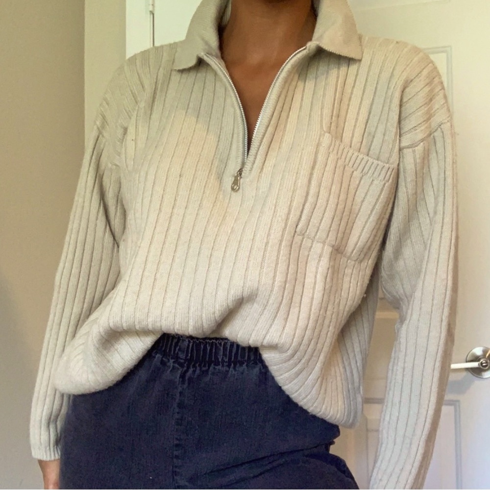 Quarter‑Zip Ribbed Turtleneck Sweater - Cream